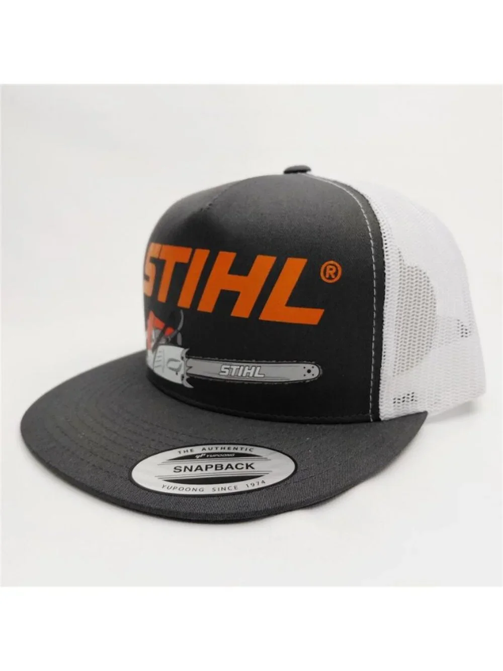 Retro Chainsaw Forestry Graphic Charcoal Yupoong Printed Flat Bill Hat New Logge